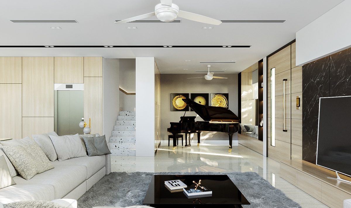 thiết kế nội thất phòng khách có đàn piano 